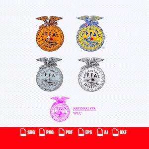 May include: Five variations of the FFA emblem featuring an eagle, owl, and agricultural symbols. The designs include orange, blue and yellow, black and white, and pink color schemes with text reading Agricultural Education, Vocational Agriculture, and National FFA WLC.
