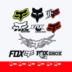 Może przedstawiać: Kolekcja logo i projektów graficznych Fox Racing w kolorach czarnym, białym, czerwonym i neonowo-żółtym. Zestaw zawiera różne ikony głowy lisa, stylizowane logo tekstowe FOX, FOX RACING i FOX RACING SHOX oraz centralną grafikę w stylu plemiennym.