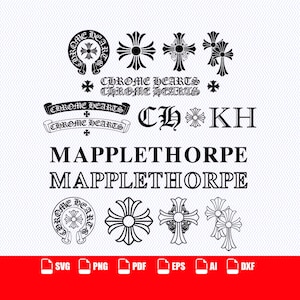 Può includere: Una collezione di disegni grafici in bianco e nero con il logo Chrome Hearts, vari simboli a croce e il testo MAPPLETHORPE. L'immagine include diverse icone di formato file nella parte inferiore etichettate SVG, PNG, PDF, EPS, AI e DXF.