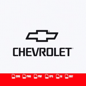 Puede incluir: El logotipo negro de Chevrolet con el icónico emblema de pajarita sobre la palabra CHEVROLET en una fuente sans-serif en negrita. Debajo del logotipo, una barra horizontal roja muestra los iconos de formato de archivo SVG, PNG, PDF, EPS, AI y DXF.