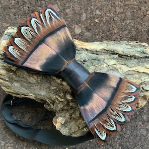The Savannah, turkey and pheasant feather bow tie, handmade gift for him, groom&#39;s tie, wedding attire, men&#39;s tie, natural, custom gift box