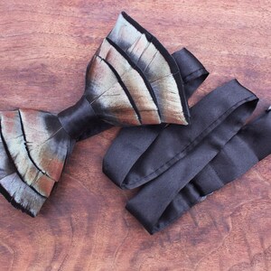 The Kansas City, turkey feather bow tie, handmade gift for him, groom&#39;s tie, wedding attire, men&#39;s tie, natural, custom gift box