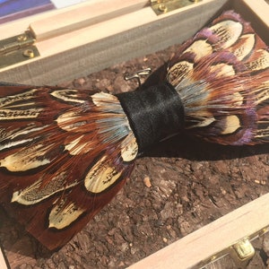 The Springfield, pheasant feather bow tie, handmade gift for him, groom&#39;s tie, wedding attire, men&#39;s tie, natural, custom gift box