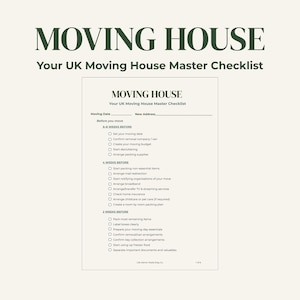 Może przedstawiać: Wydrukowany dokument zatytułowany Moving House Your UK Moving House Master Checklist z sekcjami na 6-8 tygodni przed, 4 tygodnie przed i 2 tygodnie przed. Lista kontrolna zawiera pola wyboru dla zadań takich jak ustalenie daty.