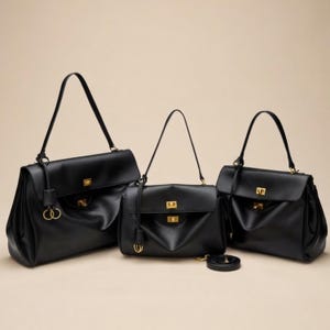 May include: Three black handbags of varying sizes, each featuring a top handle, a fold-over flap with a gold-toned rectangular clasp, and a decorative gold-toned ring charm attached to the side. The bags have a smooth finish and structured design.