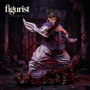 May include: A Figurist Studio collectible figure of a character with dark hair in a topknot, wearing a purple and white outfit with blood-like splatters. The figure stands on a dark, swirling base and features the text Figurist Studio.