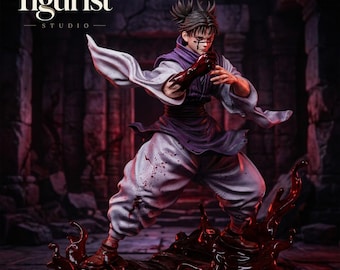 May include: A Figurist Studio collectible figure of a character with dark hair in a topknot, wearing a purple and white outfit with blood-like splatters. The figure stands on a dark, swirling base and features the text Figurist Studio.