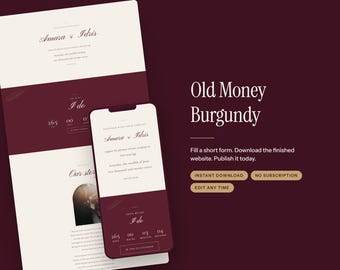 Vorlage für eine Hochzeitswebsite im burgunderroten Stil | RSVP, Countdown (Sofort-Download)