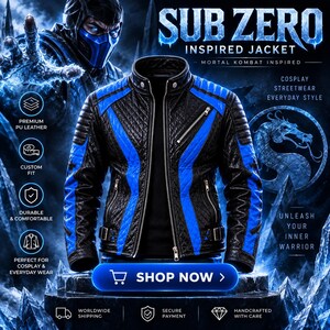 May include: A black and blue jacket featuring a quilted texture, a stand-up collar with snap buttons, and silver-toned metal zippers. The design includes blue panels running down the front and sleeves, with black quilted sections on the chest and back.