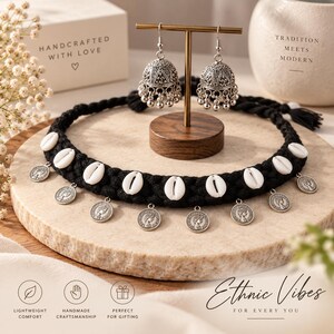 May include: A black braided cord necklace featuring white cowrie shells and silver-toned coin charms, paired with matching silver-toned jhumka earrings displayed on a T-shaped stand. The necklace and earrings are arranged on a circular stone base.