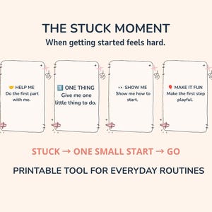 May include: A printable tool for everyday routines titled THE STUCK MOMENT. It features four rectangular cards with instructions: HELP ME, ONE THING, SHOW ME, and MAKE IT FUN. Below the cards, the text reads STUCK → ONE SMALL START → GO.