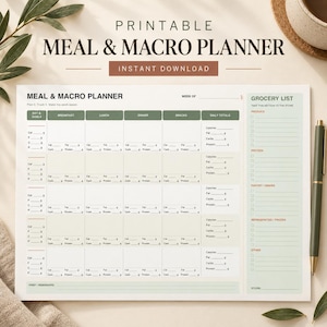 May include: A printable meal and macro planner sheet featuring a weekly grid with sections for breakfast, lunch, dinner, snacks, and daily totals. The right side includes a grocery list with categories for produce, protein, pantry, and frozen items.