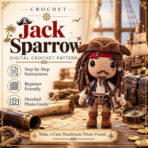 Jack Sparrow Virkmönster, Pirat Amigurumi Docka PDF, Kapten Karaktär Plyschleksak DIY, Handgjord Virkad Gåva Digital Nedladdning