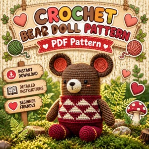Op de afbeelding: Een gehaakte berenpop met bruine vacht, een crèmekleurige snuit en een donkerrode trui met een wit ruitpatroon. De afbeelding bevat de tekst CROCHET BEAR DOLL PATTERN, PDF Pattern, INSTANT DOWNLOAD, DETAILED INSTRUCTIONS en BEGINNER FRIENDLY.