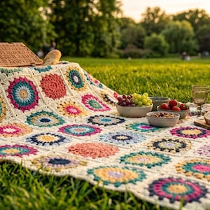 Op de afbeelding: Een handgemaakte gehaakte deken met een herhalend patroon van kleurrijke cirkelvormige motieven in tinten roze, blauw, geel en groenblauw, omrand met crèmekleurig garen. De deken is versierd met kleine pompons langs de randen en ligt plat.