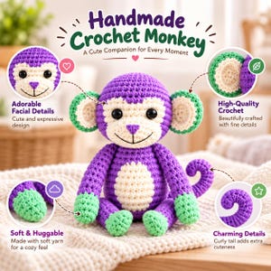 May include: A handmade crochet monkey toy featuring a purple body, a cream-coloured belly, and light green hands and feet. The monkey has black plastic eyes, a stitched nose and mouth, round ears with cream centres, and a curly purple tail.