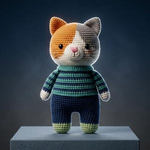 以下が含まれることがあります： オレンジとグレーの斑点がある三毛猫の頭部、白い口元、黒い目を持つかぎ針編みの猫の人形。猫はティールとダークブルーのストライプ柄の長袖セーターを着ており、無地のダークブルーのズボンとライトグリーンの足をしています。