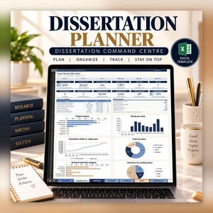 Dissertation Planner Excel & Google Sheets, Thesis Tracker, Word Count Tracker, PhD and Master Thesis Gantt Chart | Minimalist Navy