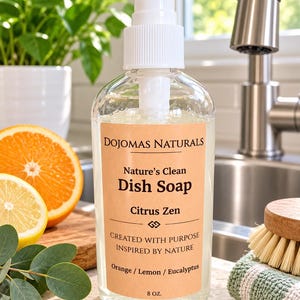 May include: A clear plastic bottle of Dojomas Naturals Nature's Clean Dish Soap in Citrus Zen scent. The label features the text Orange / Lemon / Eucalyptus and 8 oz. The bottle has a white pump dispenser and contains a light-colored liquid soap.