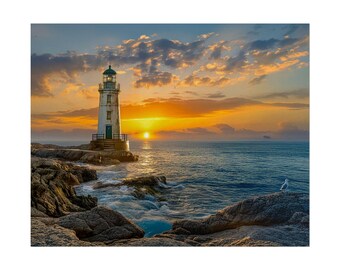 May include: A white lighthouse with a green lantern room stands on a rocky coastline during a vibrant orange and yellow sunset. The ocean waves crash against the dark jagged rocks in the foreground, while a single white seagull rests nearby.
