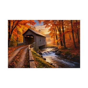 Autumn Covered Bridge Poster | Rolled Poster, Fall Landscape Wall Art afbeelding 1