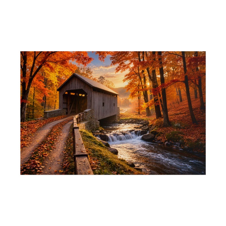 Autumn Covered Bridge Poster | Rolled Poster, Fall Landscape Wall Art afbeelding 1