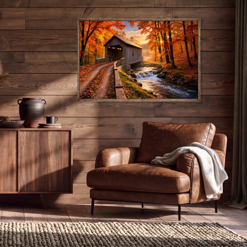 Op de afbeelding: Een rechthoekige wandkunstprint met een overdekte brug over een stromende beek, omringd door herfstbomen met oranje en rood gebladerte. De sc&egrave;ne is afgebeeld tijdens zonsondergang met gouden licht dat door het bladerdak van het bos filtert.