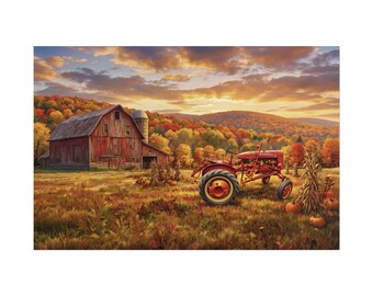 May include: A red vintage tractor sits in a field with orange pumpkins and corn stalks. A weathered red barn with a silo stands in the background against a backdrop of autumn trees and a golden sunset sky with clouds over rolling hills.