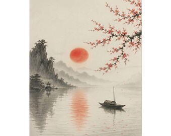 May include: A landscape painting featuring a calm lake with a small boat, a large red sun in the sky, and a rocky mountain with a small structure on the shore. A branch with pink blossoms extends from the upper right corner over the water.