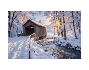 May include: A wooden covered bridge spans a small stream with a waterfall, surrounded by snow-covered trees and ground. The scene is illuminated by soft sunlight filtering through the branches, creating a winter landscape with a stone wall.