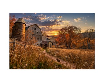 May include: A rustic wooden barn with a tall cylindrical silo stands in a golden field during sunset. A small dirt path winds through the tall, dry grasses toward the structure, while a small rabbit sits on the path under a vibrant orange sky.