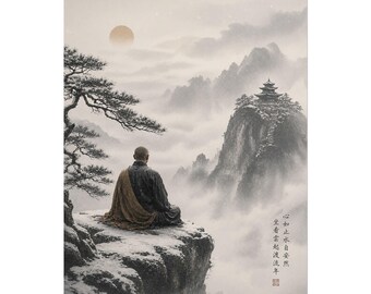 May include: A monochromatic ink-wash style print depicting a person in a dark robe sitting on a snowy cliff edge, overlooking misty mountains with a pagoda and a pine tree. A pale sun hangs in the sky, and Chinese calligraphy is visible in the corner.