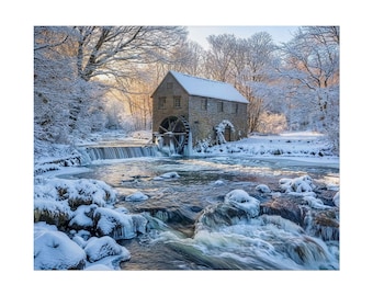 May include: A stone water mill with a large wooden wheel sits beside a flowing river during winter. The landscape is covered in snow, with ice formations on the rocks and trees. The scene is illuminated by soft golden sunlight filtering through trees.