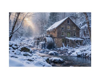 May include: A rustic wooden water mill sits beside a flowing stream in a snowy forest landscape. The building features a large water wheel, stone foundation, and snow-covered roof. Sunlight filters through the trees, illuminating the icy scene.