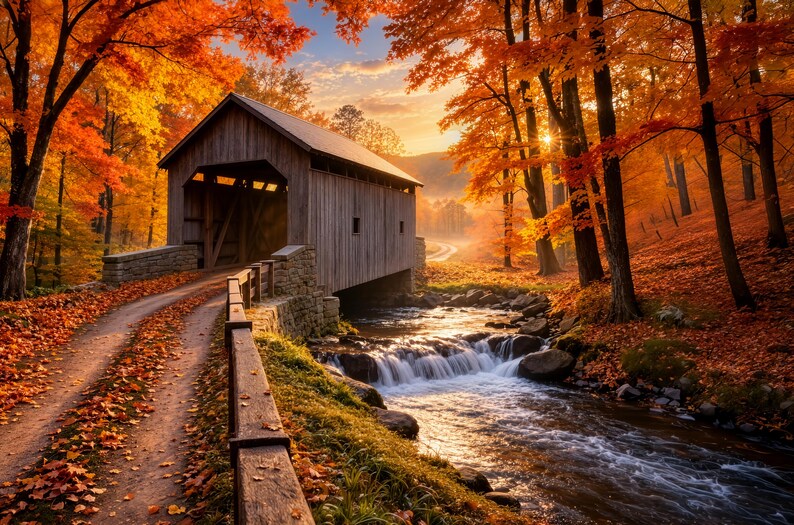 Op de afbeelding: Een houten overdekte brug overspant een kleine beek met een waterval, omringd door bomen met feloranje en rood herfstblad. Een onverhard pad bedekt met gevallen bladeren leidt naar de ingang van de brug onder een heldere, gouden zonsondergang.