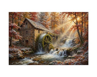 May include: A stone watermill sits beside a flowing stream with a wooden water wheel. The surrounding forest features autumn foliage with hints of frost, while golden sunlight filters through the trees, illuminating the cascading waterfall.