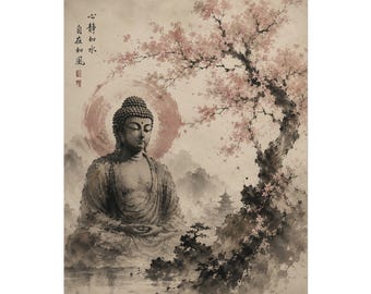 May include: A wall art print featuring a seated Buddha in a meditative pose, positioned before a large red circular sun. A cherry blossom tree with pink flowers hangs over the figure, with a pagoda and mountains in the background and Chinese text.