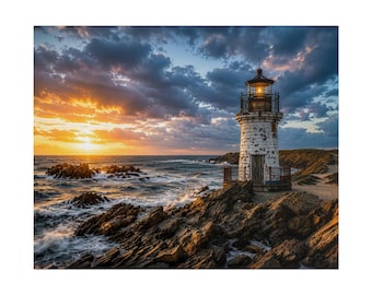 May include: A white lighthouse with a weathered texture stands on a rocky coastline during a vibrant sunset. The structure features a glowing lantern room at the top, a dark metal railing, and a wooden door, set against a dramatic sky of clouds.