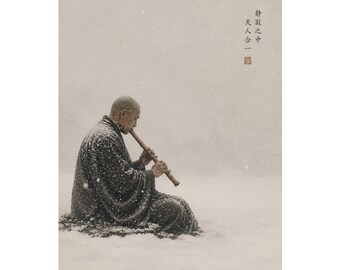 May include: A person with a shaved head wearing a dark textured robe sits in the snow while playing a wooden flute. The scene includes falling snow and vertical Chinese calligraphy text in the upper right corner with a small red square seal.
