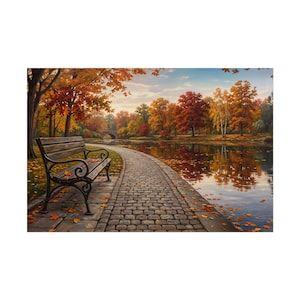 Autumn Park Path and Lake Landscape Rolled Poster