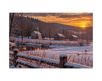 May include: A winter landscape featuring a snow-covered wooden fence in the foreground, a calm stream reflecting the sunset, and three houses nestled in a valley. The scene is illuminated by a golden sunset behind distant, snow-dusted hills.