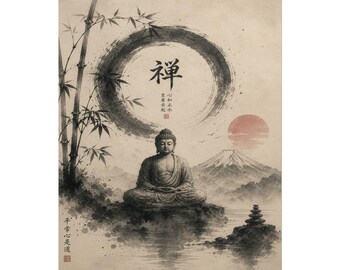 May include: A wall art print featuring a seated Buddha in a meditative pose, positioned before a large black ink brush circle, a mountain, bamboo stalks, and a red sun. The artwork includes black Japanese calligraphy characters and a small red seal stamp.