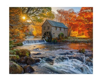 May include: A stone water mill sits beside a flowing river with a small waterfall. The scene is surrounded by autumn trees with orange and yellow foliage. Sunlight shines through the branches, casting a warm glow over the landscape.