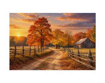 May include: A landscape photograph of a dirt road winding through a rural scene during autumn. A wooden split-rail fence lines both sides of the path. Vibrant orange and yellow trees stand under a sunset sky, with a rustic wooden barn nearby.