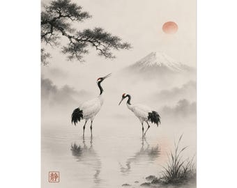 May include: A wall art print featuring two white cranes with black wingtips and red crowns standing in shallow water. The background shows a misty mountain, a pine tree branch, and a pale orange sun. A red square seal with the kanji character 静 is visible.