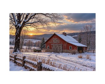 May include: A red barn with a stone foundation sits in a snow-covered field at sunset. A large, snow-dusted tree stands in the foreground next to a wooden fence. The sky features orange and yellow clouds above distant hills and evergreen trees.