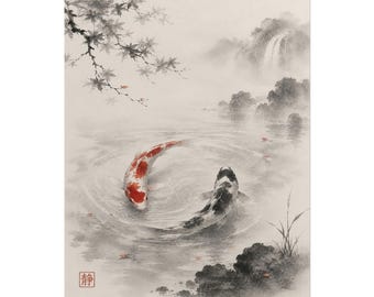 May include: A monochromatic ink wash painting featuring two koi fish swimming in a circular motion in a pond. One fish is white with red patches, the other is black and white. A waterfall, misty mountains, and maple branches are in the background.