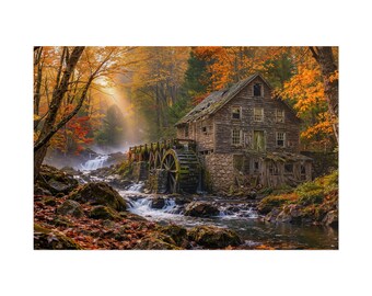 May include: A weathered wooden water mill sits beside a flowing stream with a large water wheel. The scene is surrounded by dense forest trees displaying vibrant orange and yellow autumn foliage, with soft sunlight filtering through the misty air.