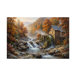 Autumn Watermill Landscape Rolled Poster | Rustic Forest Waterfall Artwork