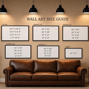 Op de afbeelding: Een maattabel voor wanddecoratie met zwarte tekst op een witte achtergrond, ingedeeld in verhoudingen zoals A1-A4, 2:3, 4:5, 3:4, 1:1 en 11x14. De tabel bevat diverse afmetingen in inches, zoals 36" x 24", 30" x 20", 20" x 20" en 14" x 11".